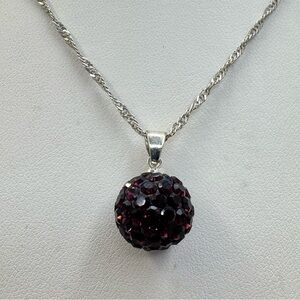 New Silver Plated Garnet Crystal Ball Pendant Necklace 18”